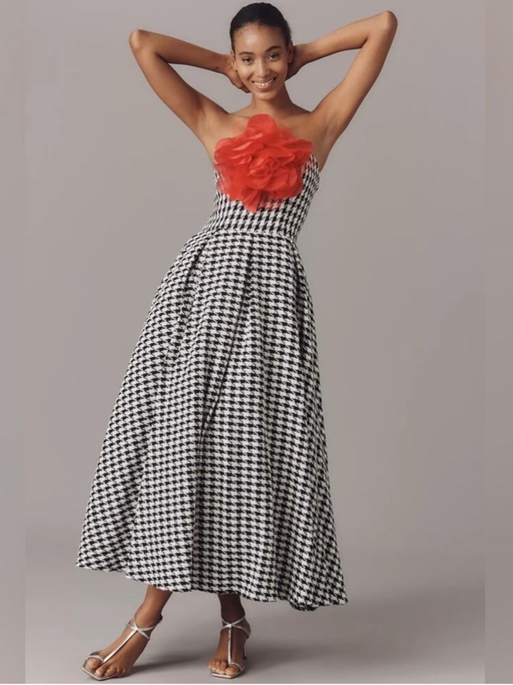 Mac Duggal Strapless 3D Flower Bouclé A-Line Midi Dress